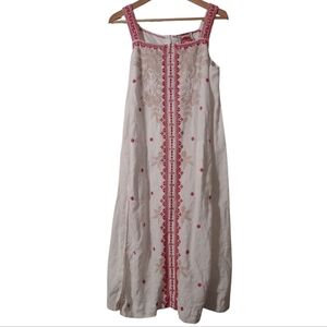 Johnny Was 100% Linen Embroidered Sleeveless Flowy Slip On Shift Midi Dress